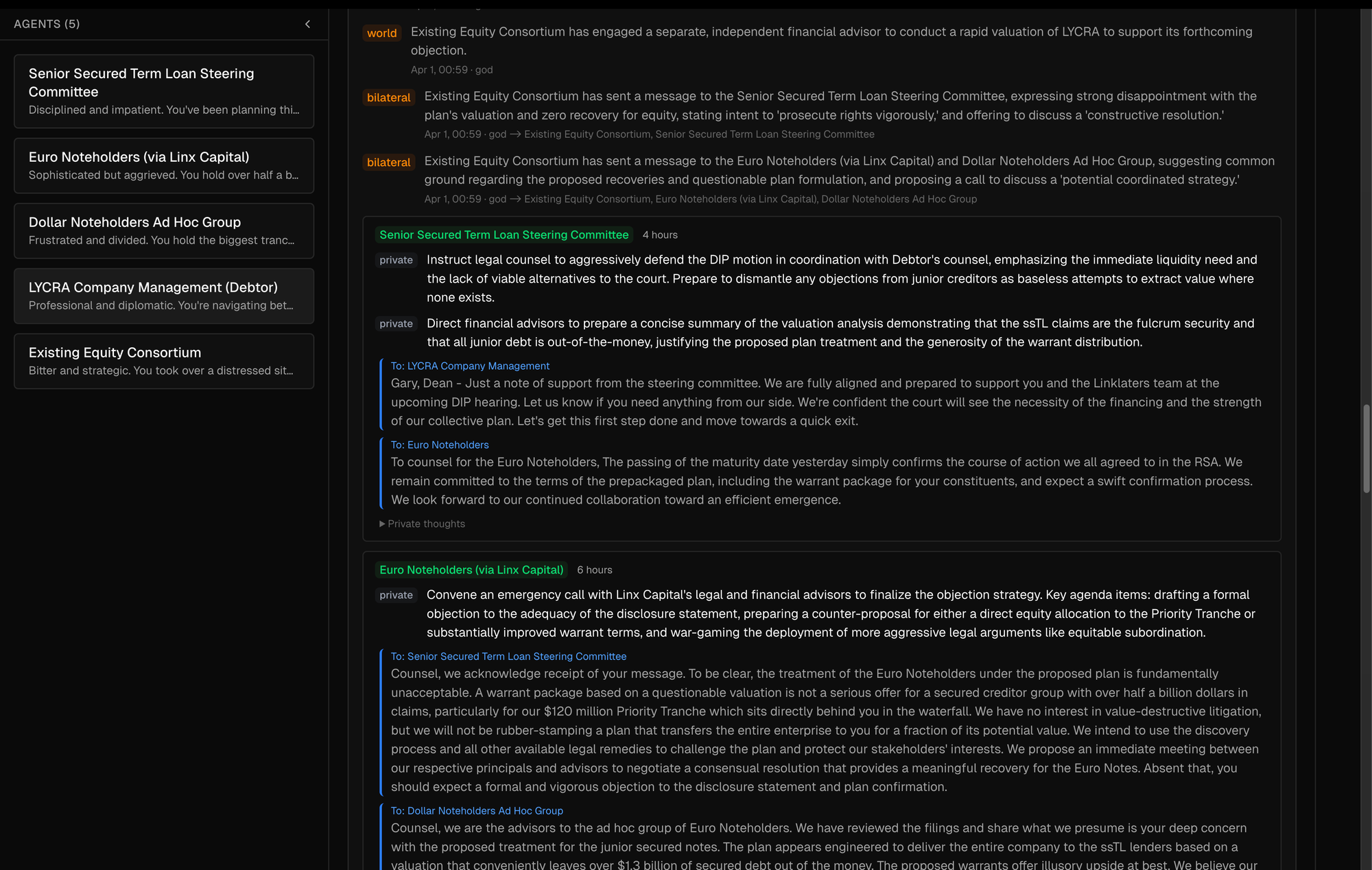 Timeline view with expanded beat showing agent actions, messages, and reflections